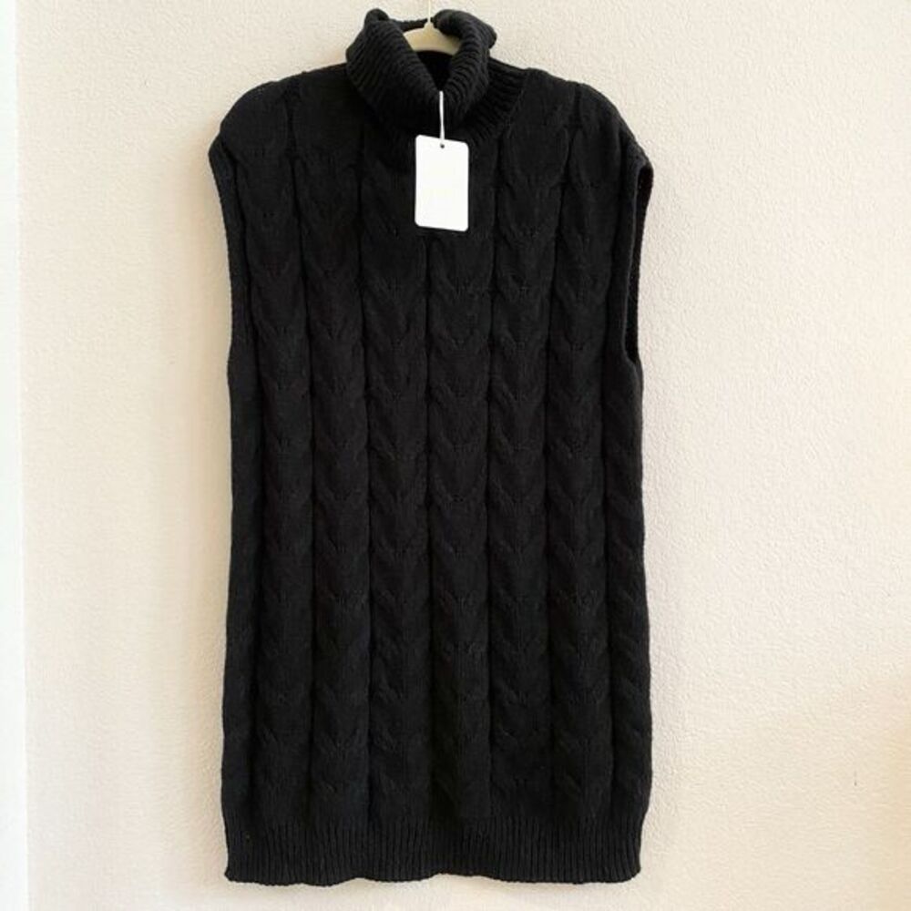 New ELAN Women’s Sz S Black‎ Cable Knit Sweater Sleeveless Tunic Dress Fall